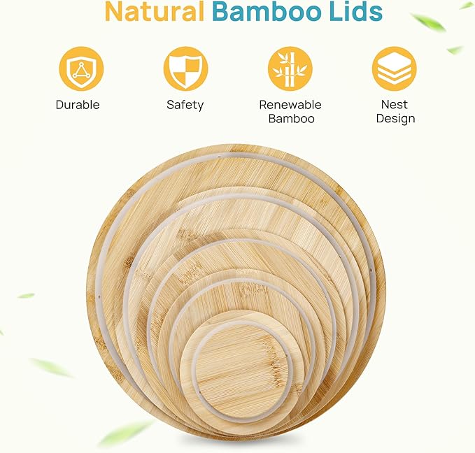 Vtopmart 5 Pack Glass Mixing Bowls with Bamboo Lids Set (3.75/2.1/1.1/0.5/0.2 QT), Salad Bowl Set, Nesting Kitchen Bowls for Serving, Prepping, Cooking and Baking, Dishwasher & Microwavable Safe