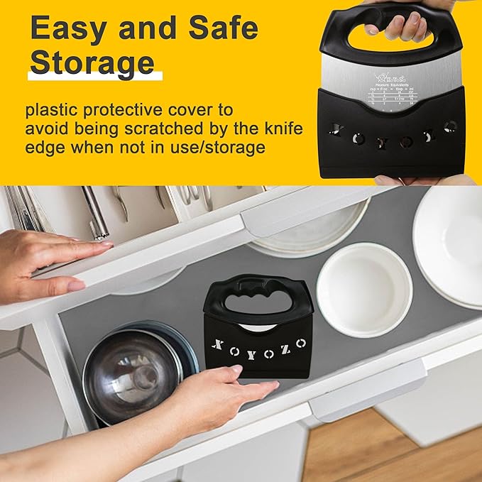 XoYoZo Bench Scraper Dough Cutter Salad Chopper with Cover and Large Stainless Steel Blade Vegetable Knife for Butter, Pizza, Cake, Onion