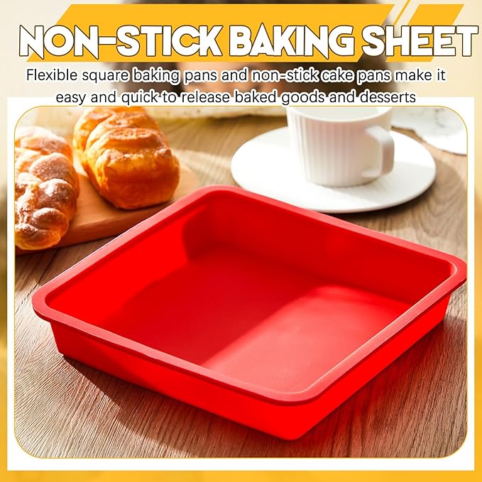 Geetery Set of 4 Silicone Square Cake Pan Silicone Brownie Pan Nonstick Baking Mold for Muffin Bread Rice Crispy Lasagna Pie, Red(8 x 8 x 1.6 Inches)