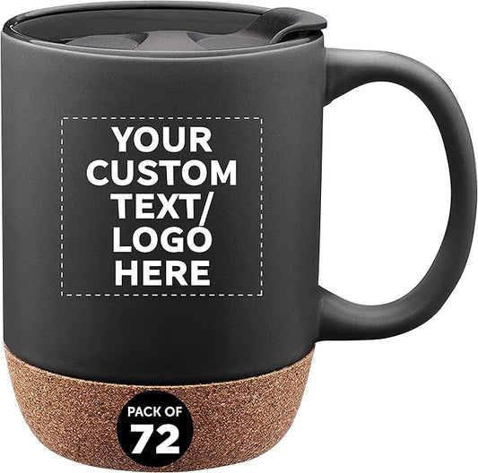 Custom Barista Ceramic Mugs with Cork Bottom 13 oz. Set of 72, Personalized Bulk Pack - Perfect for Coffee, Tea, Espresso, Hot Cocoa, Other Beverages - Black