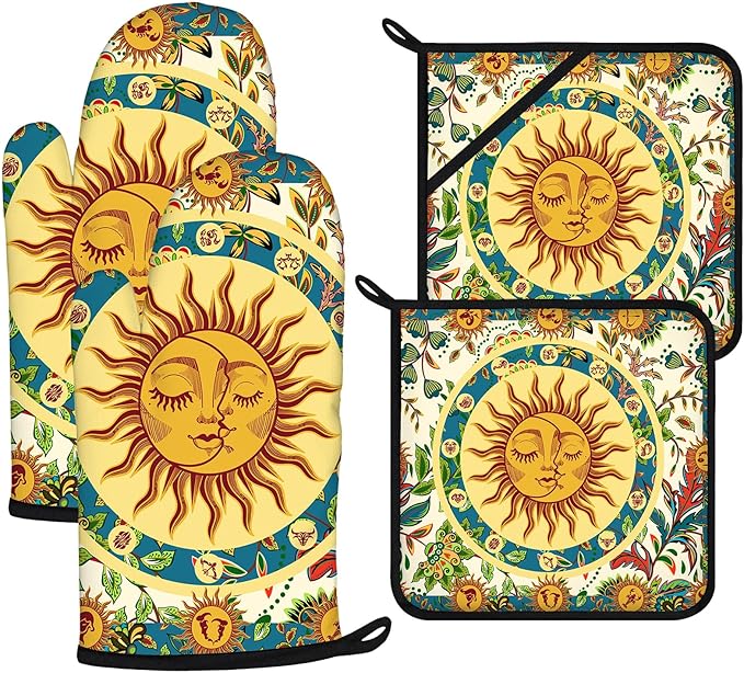 Sun and Moon Oven Mitts and Pot Holders Sets 4Pcs,Extra Long Oven Gloves Potholder for Kitchen Cooking Baking BBQ 100% Cotton Heat Resistant