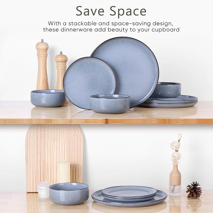 Herogo 12 Pieces Stoneware Dinnerware Set Service for 4, Dinner Plates and Bowls Sets, Double Reactive Glaze Dishes Set for Kitchen, Scratch Resistant, Microwave & Dishwasher Safe, Haze Blue