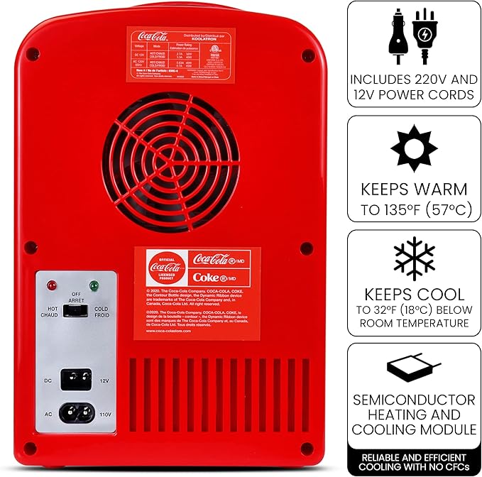 Coca Cola Polar Mini Fridge - Refrigerator for Bedroom Office, Portable Table Top Beverage Cooler, 12V 110V Refrigerador For Drinks, Soda, Wine, Use In Car, Dorm, Patio, 6 Can