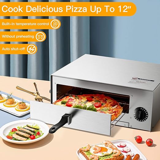 Electric Pizza Oven, Stainless Steel Pizza Baker With Auto Shut-off, Handle, Removable Pizza Tray, Countertop Pizza Maker For Kitchen & Commercial Use