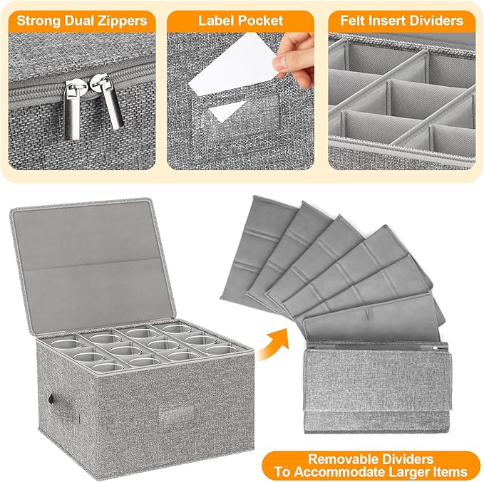 Wine Glass Storage Box 2-Pack, Stemware Container Cases, Stackable w/Hard Shell Top Sides Bottom, Moving Supplies, China Storage Containers for 24 Crystal Glasses Drinkware 9.2'' Tall, Grey