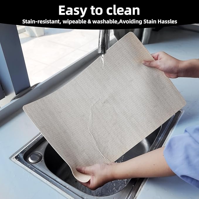 Vinyl Placemats Set of 6-12×17.7 Inch Waterproof & Heattable Placemats, Fall Faux Leather Wipeable Outdoor Table Mat for Dining, Kitchen, Indoor Outdoor Use (Beige, Linen Texture)