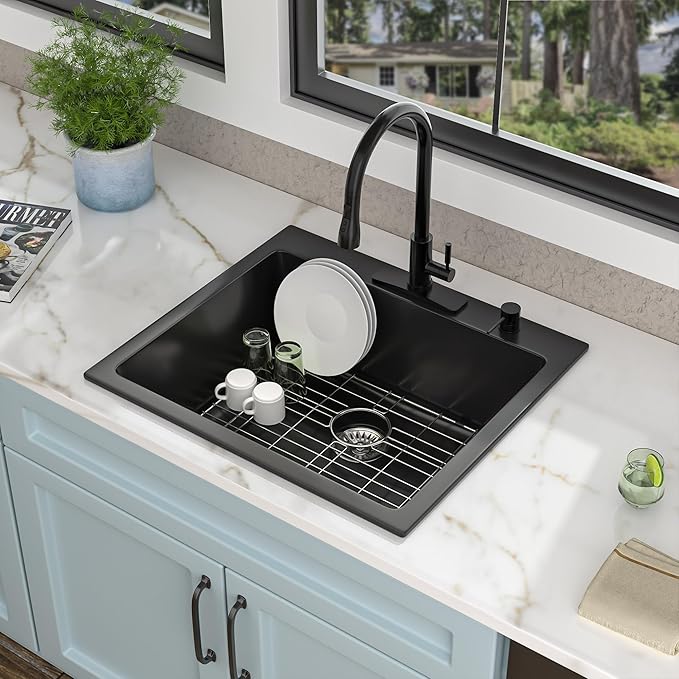 25"x22" Granite Composite Kitchen Sink – Matte Black Drop In Topmount Granite Quartz Classic Above Counter Single Bowl Sink Basin
