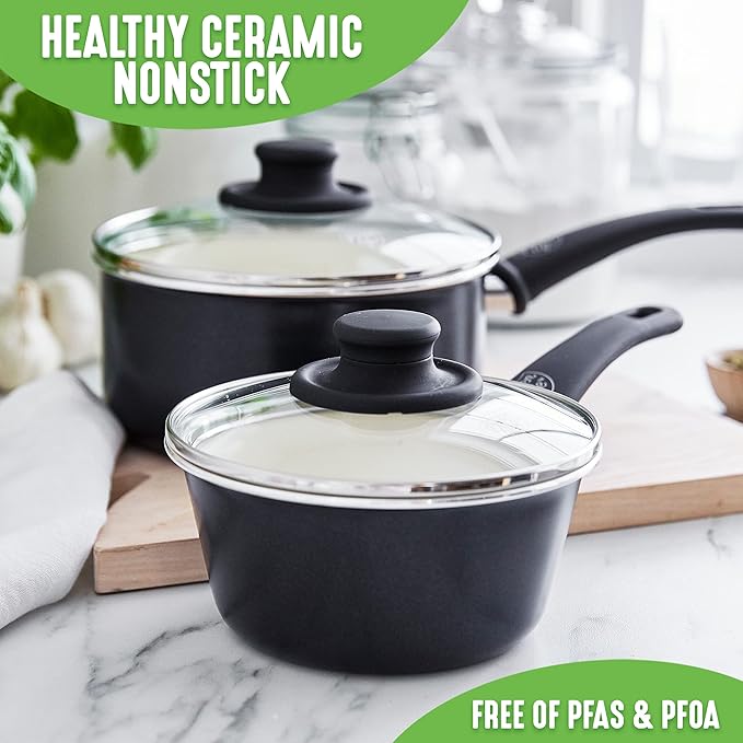 GreenLife Soft Grip 1QT and 2QT Saucepan Set, Healthy Ceramic Nonstick, Non Toxic PFAS-Free, Dishwasher Safe, Glass Lids, Stay-Cool Handles, Easy Clean Cookware, Kitchen Essentials, Black & Cream