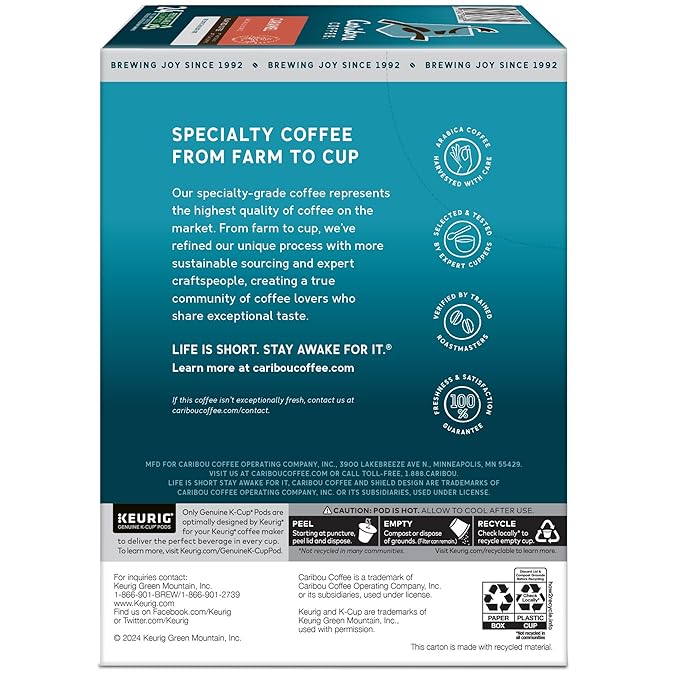 Caribou Coffee Caramel Flavored Coffee, Single Serve Keurig K-Cup Pods, Medium Roast Coffee, 96-Count Box (Pack of 4)