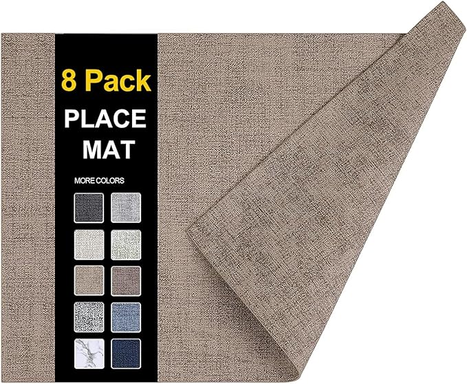homing Faux Leather Heat Resistant Placemats 8 Packs, Waterproof Wipeable Dining PU Place Mats for Indoor & Outdoor, Easy to Clean, Camel