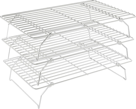 3 Tier Stackable Cooling Rack for Batch Cooling Cookie, Pizza, Cake-15.8”x 10”- Heavy Duty Cooling Racks for Cooking and Baking, Oven and Dishwasher Safe Baking Supplies-Silver