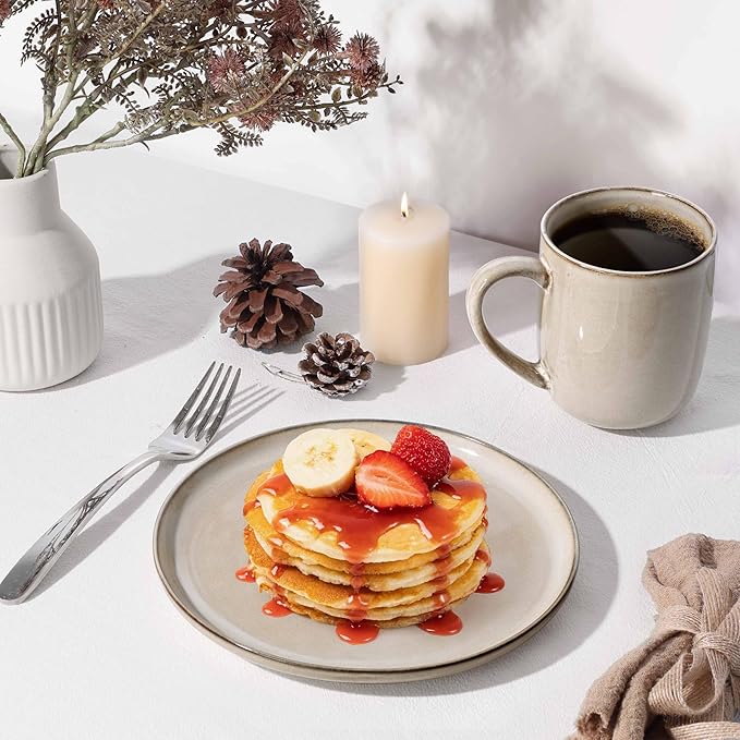 Herogo Stoneware plates and bowls sets for 8, 24 Pieces Modern Round Dinnerware, Reactive Glaze Dishes Set for Kitchen, Chip Resistant, Microwave & Dishwasher Safe, Cream Khaki