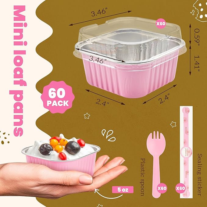 60 Pack Mini Cake Pans with Lids Mini Aluminum Pans, Disposable Loaf Pans Cupcake Liners with Lids for Pudding, Souffle, Party, Wedding(Pink, 5 oz)