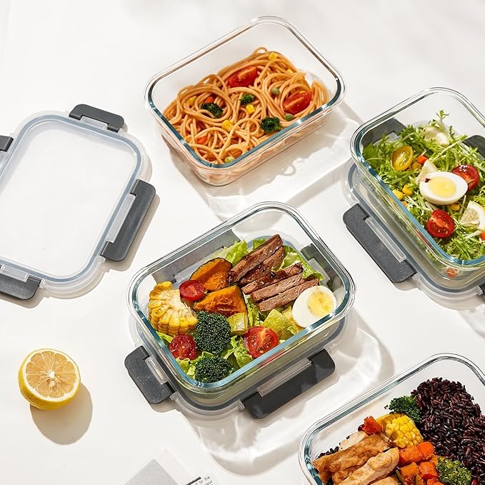 10 Pack Glass Meal Prep Containers with Lids, Reusable Airtight Leakproof Glass Lunch Bento Boxes, Freezer, Microwave Oven and Dishwasher Safe, Gray