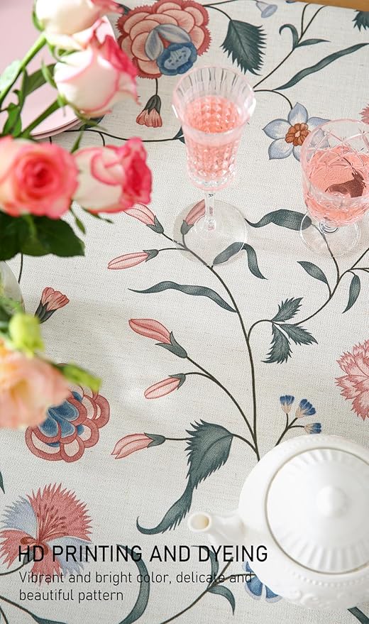 French Tablecloth for Rectangle Tables,Linen Table Cloth with Pink Flowers and Leavs Pattern,Heavy Durable Table Cover for Dining Thanksgiving Kitchen Decor Party Christmas,55"*71"