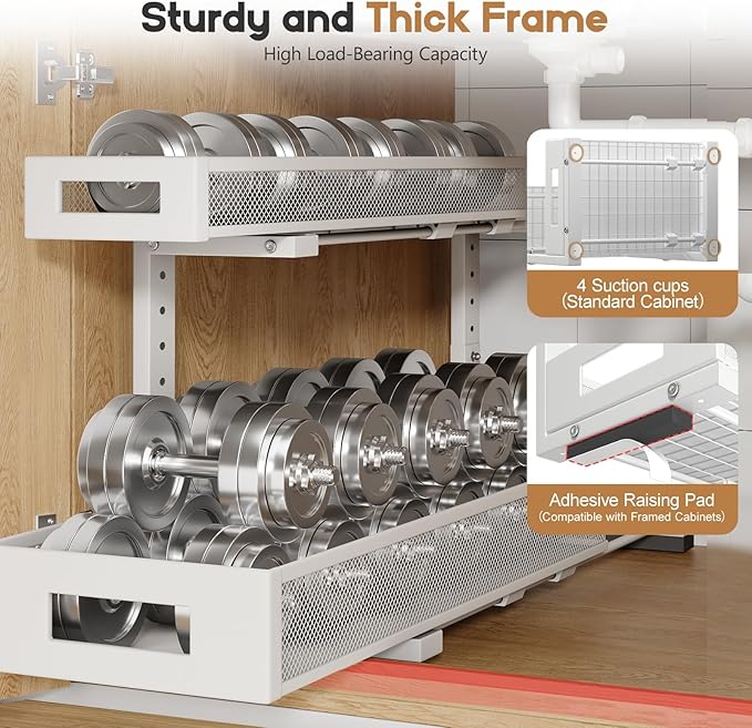 2 Pack 20.47IN Depth Under Sink Storage Organizer, Large 2-Tier Elegant Mesh Pull Out Shelf for Kitchen and Bathroom Cabinet Organization, L-Shaped and Adjustable Height Design-White