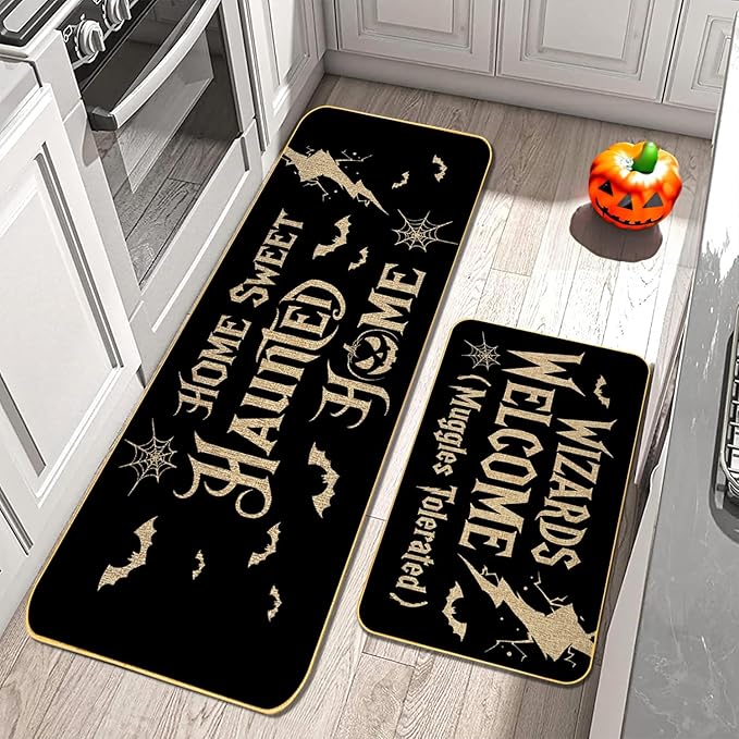 Halloween Kitchen Mat Set, 17"x29"and17 x47 Non-Slip Floor Rugs with “Wizards Welcome Muggles Tolerated” and “Home Sweet Haunted Home” Designs, Indoor Outdoor Spooky Halloween Decor