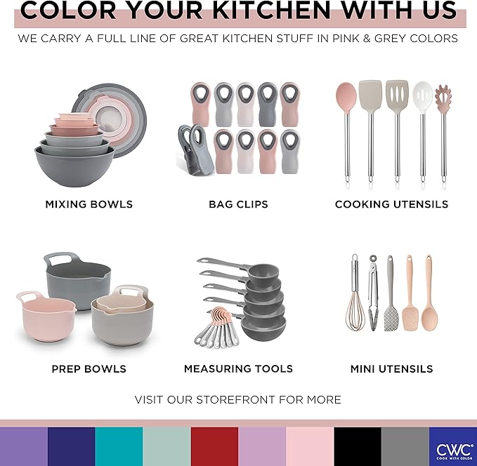 COOK WITH COLOR Nesting Plastic Mixing Bowl Set with Pour Spouts and Handles, Pink, 4 Piece Non-Slip