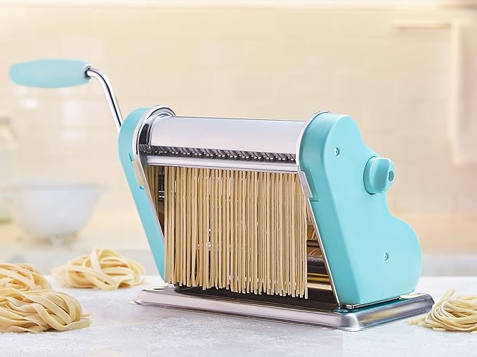 PASTALINDAClassic 200 Pasta Maker Machine, 20 cm Wide Rollers, 9 Thickness Positions, 2 Cutting Positions, Stainless Steel. Includes Reinforced Hand Crank And Two Clamps (Acqua)