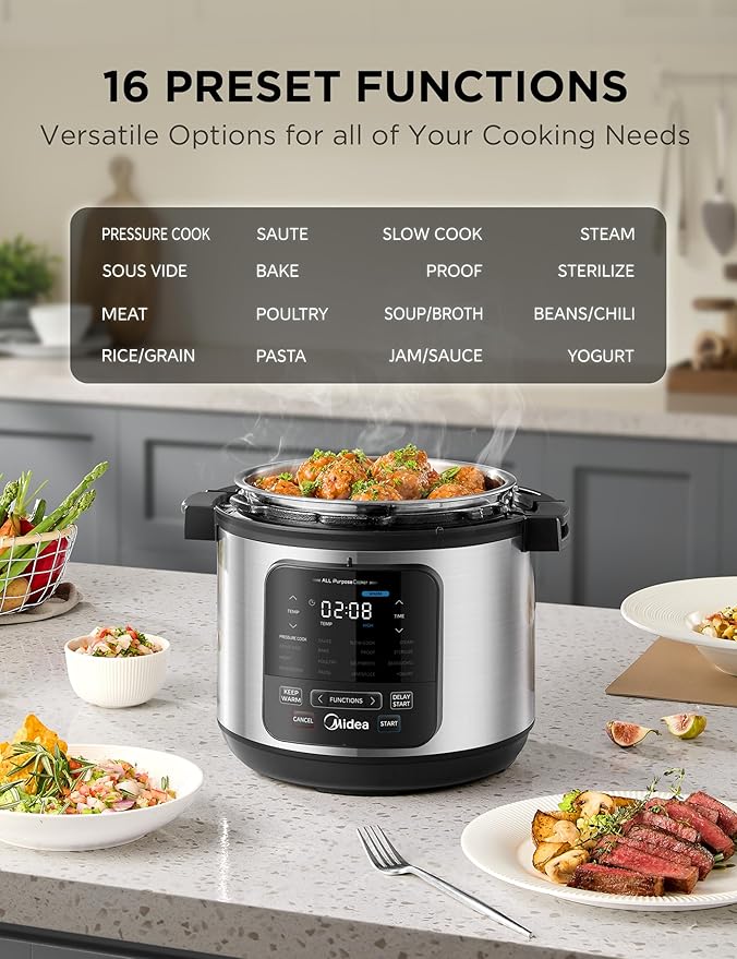 Midea 10-in-1 Electric Pressure Cooker with Slow Cooker, Steamer, Saute, Sous Vide, and Bake Modes, Stovetop & Oven Safe Stainless Steel Pot, 6 Quarts