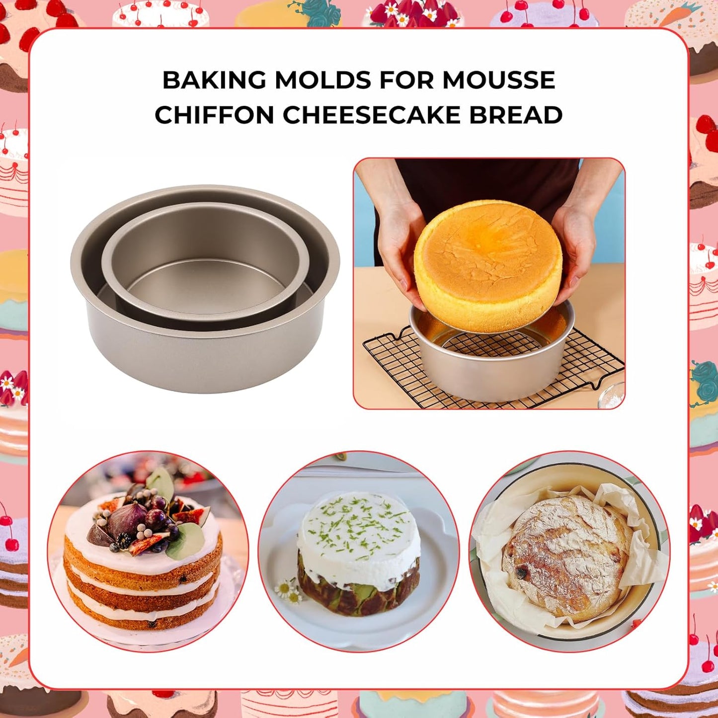 beyonday 2pcs Round Cake Pan with Removable Bottom, 6 inch & 8 inch Carbon Steel Cake Trays for Chiffon Mousse Bread, Non-stick Cheesecake Baking Mold for Birthday Party Wedding Anniversary
