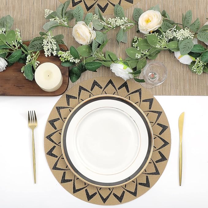 SHACOS 15 inch Round Vinly Placemats Set of 6 Boho Flower Print Place Mats Wipeable Non Slip Stain Heat Resistant Woven Table Mats Indoor Outdoor (6, Round Flower Black)