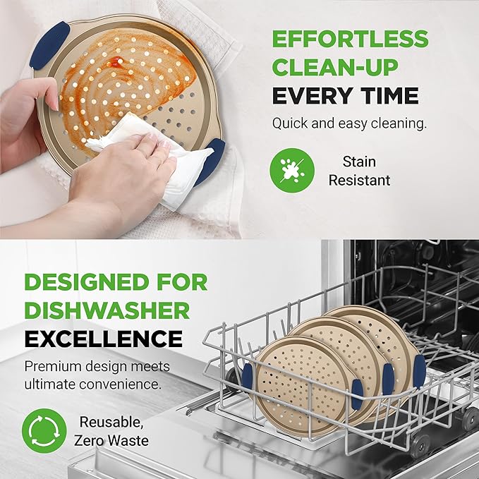 NutriChef 3-Piece Pizza Tray Set with Silicone Handles - Round Nonstick Pizza Pan with Perforated Holes, Durable Carbon Steel, Small, Medium, Large Sizes - Ideal for Crispy, Evenly Baked Pizzas (Gold)