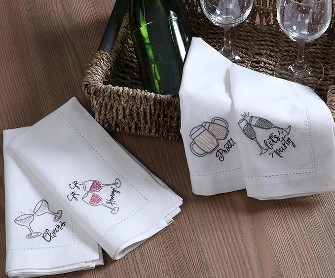 Bedding Craft Cotton Cloth Dinner Napkins Set of 12 – 18x18 Embroidered Motif with Decorative Hemstitch – Machine Washable Fabric Napkins for Weddings, Baby Showers, Christmas & Parties