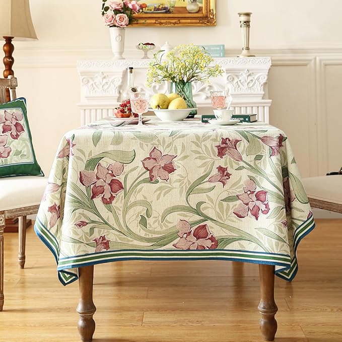 patdrea Designer Small Purple Tablecloth for Square Tables,Framhouse Linen Violets and Leaves Pattern Linen Tablecloth,Elegant Floral Table Cover Cloth Decor for Kitchen Dining Christmas,55"*55"