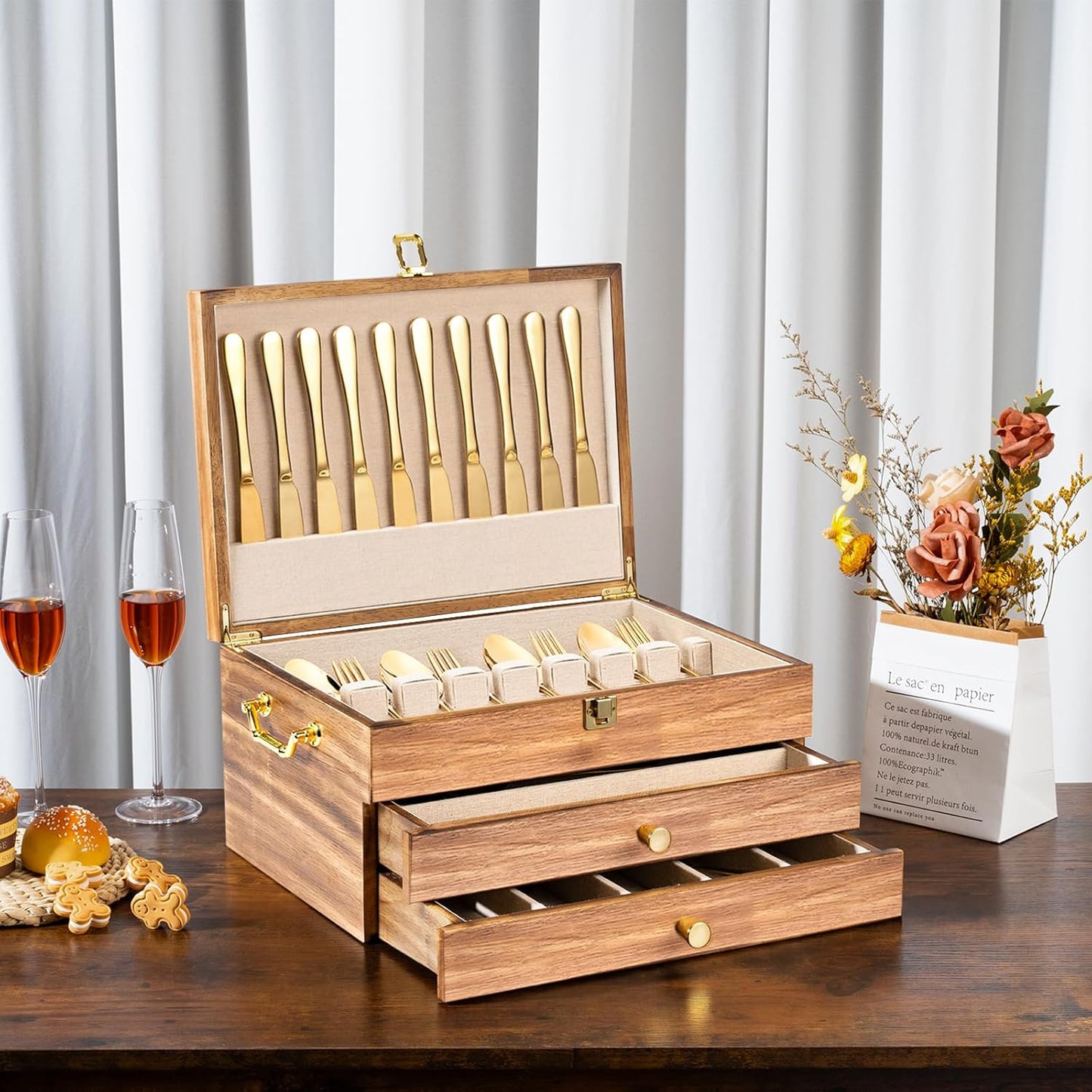 Silverware Storage Box, 3-Layer Flatware Storage Case with Drawer, Wooden Silverware Chest with Handle and Linen Liner, Rustic Silverware Case for Storing Fine Flatware and Utensils (Brown)