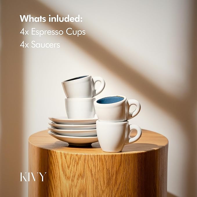 KIVY 3 oz Espresso cups set of 4 - Thick walled stoneware espresso cup set - Italian style espresso cups and saucers - Expresso shots cup - Small coffee mugs and saucers - Blue