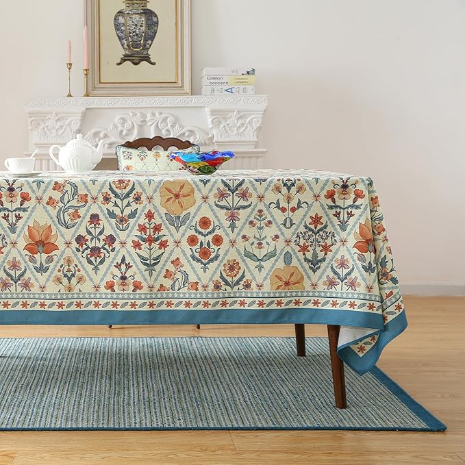 French Tablecloth for Rectangle Tables,Linen Table Cloth with Colorful Flowers and Leaves Pattern,Heavy Durable Soft Table Cover for Dining Kitchen Decor Party Christmas,55"*71"