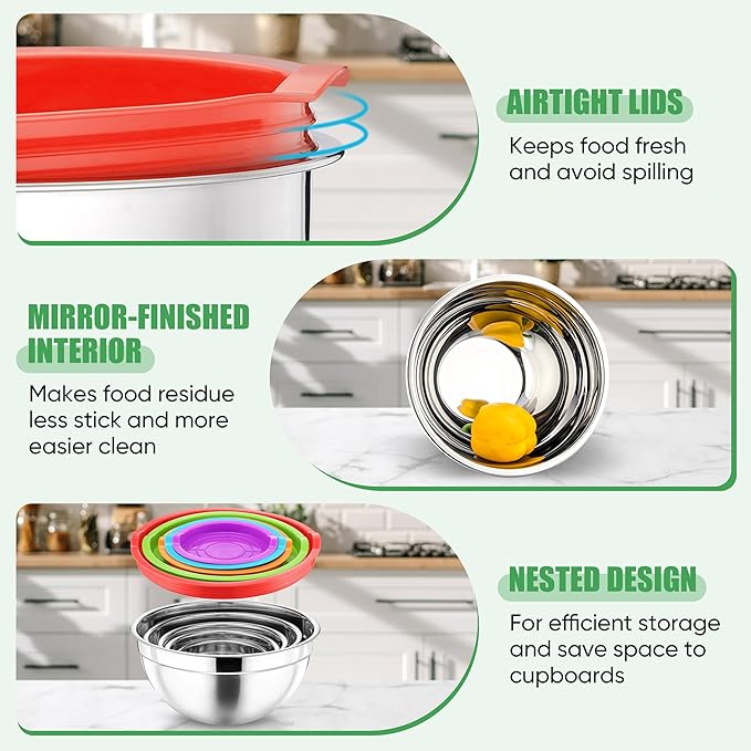 P&P CHEF Mixing Bowls with Airtight Lids Set of 5, 10-Piece Stainless Steel Mixing Nesting Bowl, Metal Bowl with Lid for Kitchen Prepping & Storing, Size 4.6, 3, 1.5, 1, 0.7 QT, Multicolor