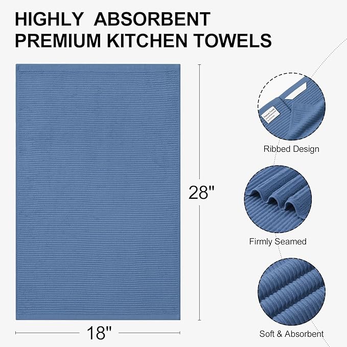 Homaxy Premium Kitchen Towels (18"x 28", 6 Pack), Large 100% Cotton Kitchen Hand Towels, Ultra Absorbent Ribbed Terry Tea Towels Set with Hanging Loop, Navy Blue