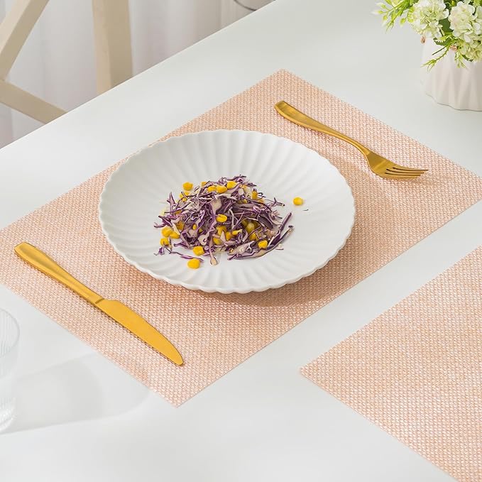 BACKTOEDEN Placemats Set of 8 Heat Resistant Washable Wipeable Placemat Woven Non-Slip Foldable Vinyl/Plastic Place Mats Indoor/Outdoor Mat Kitchen Dining Table Pad, Bright Silk Pink