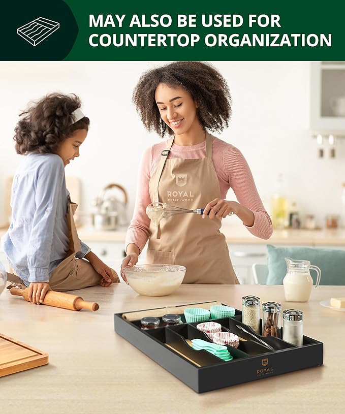 ROYAL CRAFT WOOD Luxury Bamboo Kitchen Drawer Organizer - Silverware Organizer - Utensil Holder and Cutlery Tray with Grooved Drawer Dividers for Flatware and Kitchen Utensils (7 Slot)