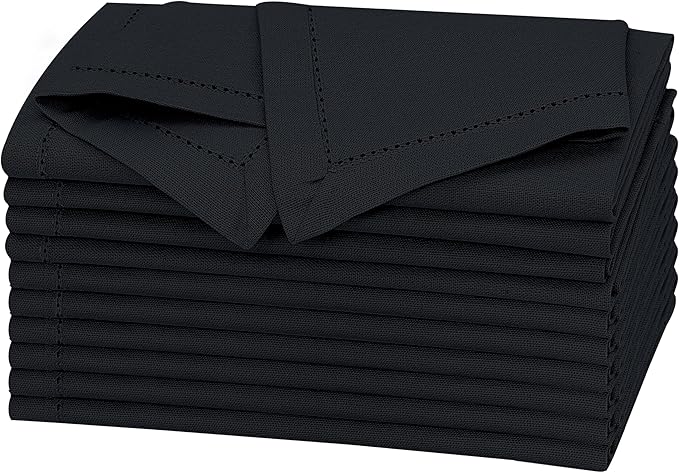 Ruvanti Premium Linen Napkins Set of 6-20x20 Inch, Classic Hemstitch, Mitered Corner Cloth Napkins ‎‎- Soft, Elegant Dinner Napkins Cloth Washable for Weddings, Parties, Everyday Use - Black