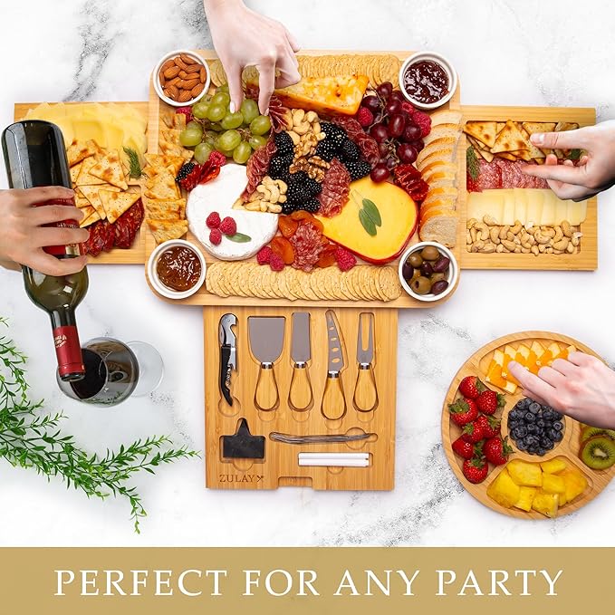 Zulay Kitchen Deluxe Bamboo Cheese Board - Extra Thick Bamboo Charcuterie Board with 4 Piece Knife Set - Perfect for Charcuterie, Wine and Cheese