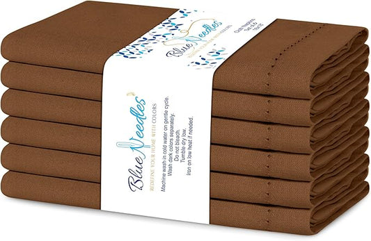 Blue Needles Set of 6 Hemstitch Linen Napkins 100% Cotton Nut Brown Cloth Dinner Napkins 18x18 inches, Soft, Reusable, Absorbent, Washable, Ideal for Fall Thanksgiving Events, Parties & Everyday Use
