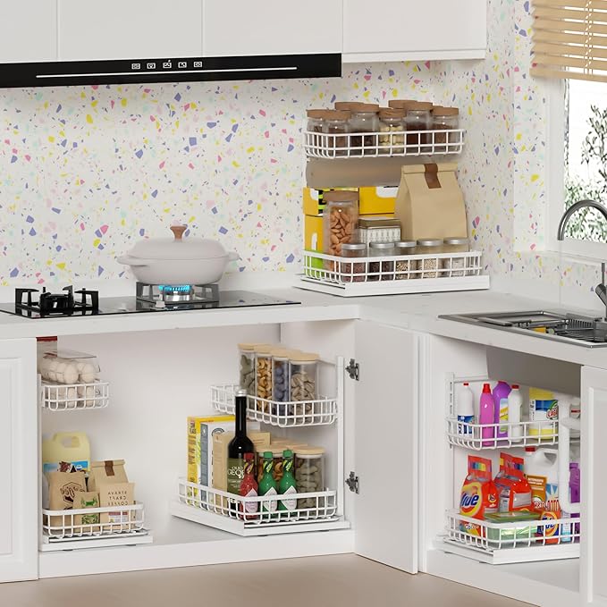 Under Sink Organizer, Adjustable Height Pull-Out Kitchen Storage Organization,15.8" x 11.8" x 16.5",2-Tier Kitchen Shelf,Bathroom Drawer Organizer, White