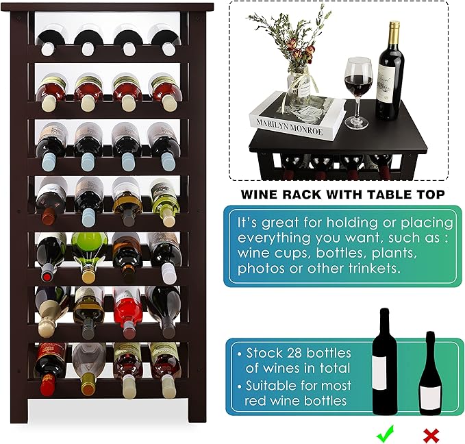 SMIBUY Bamboo Wine Rack, 28 Bottles Display Holder with Table Top, 7-Tier Free Standing Storage Shelves for Kitchen, Pantry, Cellar, Bar (Dark Brown)