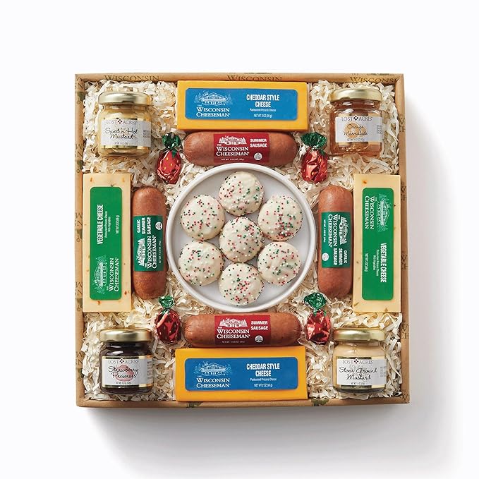 The Wisconsin Cheeseman 13-Piece Sweet & Savory Gift Basket for Adults – Summer Sausage, Meats, Cheeses, Cookies Variety Pack, Holiday Dessert, Charcuterie Boards