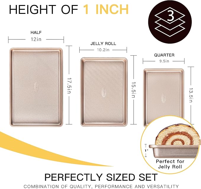 HONGBAKE Baking Sheet Pan Set of 3, Cookie Sheets for Oven, Nonstick Half/Quarter/Jelly Roll Pans with Diamond Texture Pattern, 0.8mm Thick Heavy Duty Cookie Tray, Champagne Gold