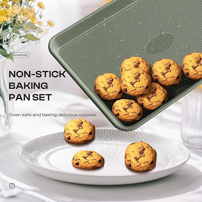 12-Piece Nonstick Baking Set, Non-Toxic Bakeware Sets with Baking Sheet, Cake Pan, Square Pan, Loaf Pan, Roasting Pan, Muffin Pan, Cookie Sheet, Cooling Rack & Kitchen Utensilss - Ceramic Coated Green