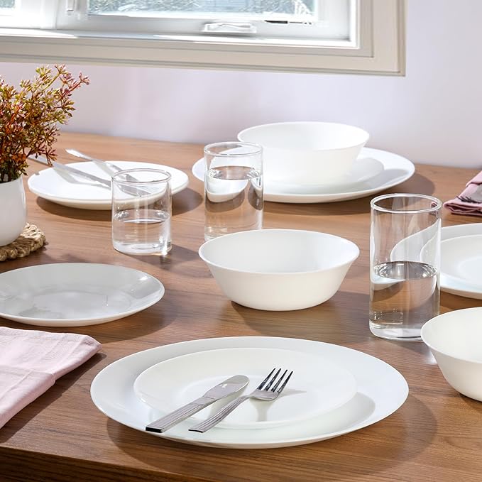 Cello Regal Dinnerware Set of 18 pieces, Service for 6, Chip & Scratch Resistant, Lightweight Round Plates and Bowls Set, Microwave & Dishwasher safe, Opalware Dinner Set, Plain