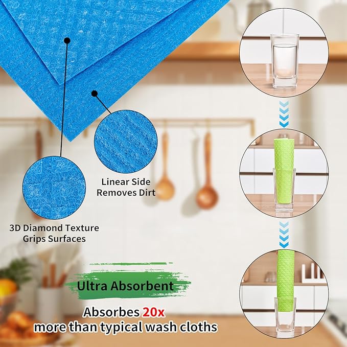 YEEHAW Swedish Dishcloths for Kitchen 10 Pack, Cellulose Sponge Cloths, No Odor Reusable Cleaning Cloths, Super Absorbent Dish Cloth Hand Towel for Kitchen, Bathroom, Glass Surface, Furniture
