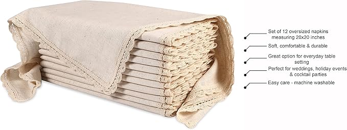 Hausattire Cloth Napkins 12 Pack 20x20 Inches Flax Cotton Washable and Reusable Table Dinner Napkins with Lace for Hotel,Weddings,Thanksgiving Decor| Highly Absorbent Cloth Napkins|Natural