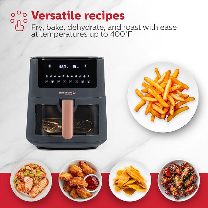 Holstein Housewares 7.6 QT Digital Air Fryer with Viewing Window – Family Size 8-in-1 Touchscreen LED Display, Less Oil Healthy Fry, Bake, Grill, Roast, Dehydrate & Keep Warm