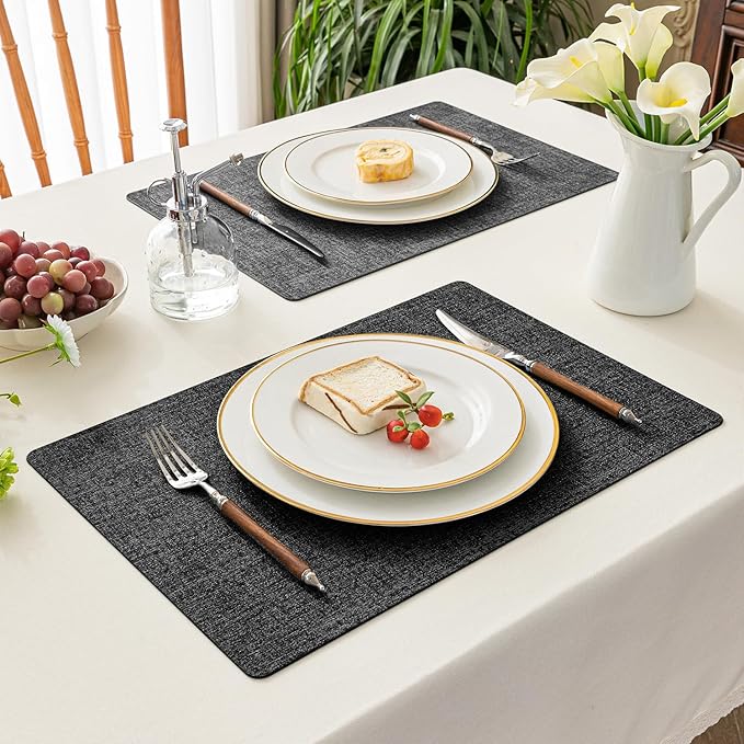 Romanstile Reversible Vinyl Placemats Set of 8, Faux Leather 100% Waterproof Oil-Proof Wipeable Place Mats, Heat Resistant Dual Sided Table Mats for Kitchen/Dining/Party (Black, 12 x 17 Inch)
