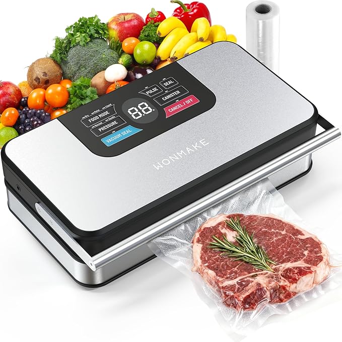 95Kpa Powerful Vacuum Sealer for Food, 10-in-1 Vacuum Sealer Machine with Easy Handle, Built-in Cutter and Roll Storage, Digital Countdown Display & Premium Stainless Steel for Long-Lasting Freshness